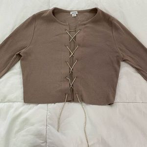 Garage Taupe Glitter Strap Tie-Front Long Sleeve